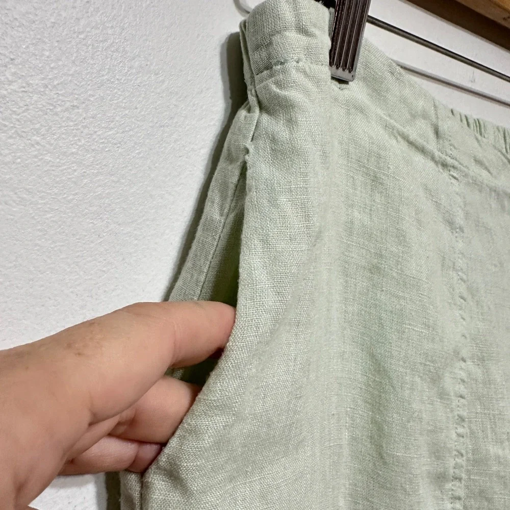 FLAX 100% Linen Wide Leg Pants Womens Small Mint Green Elastic Waist *Flaw